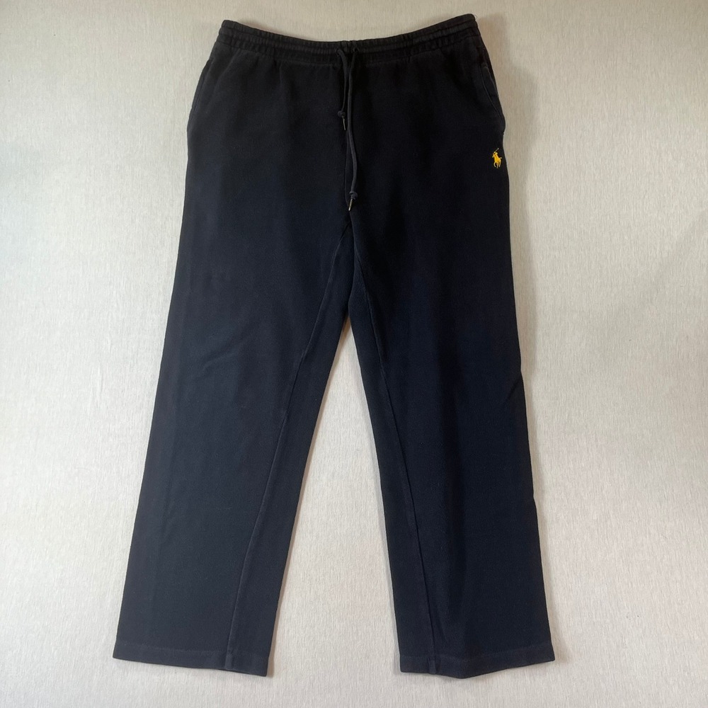 Polo Ralph Lauren Sweatpants Mens M Navy Ribbed Drawstring Yellow Pony Textured